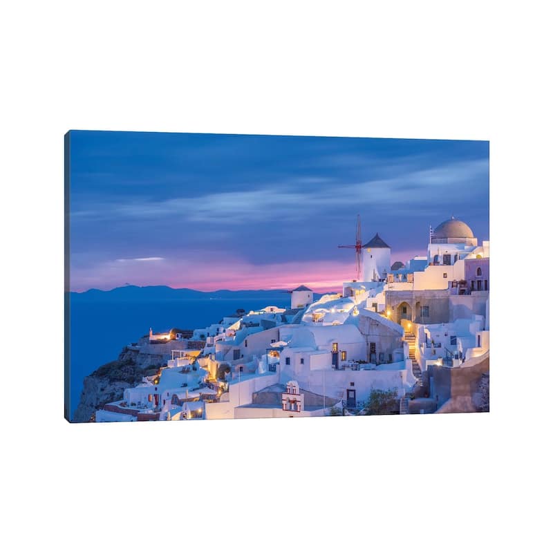 iCanvas "Greece, Oia. Greek Orthodox church and village at sunset." by Jaynes Gallery Canvas Print