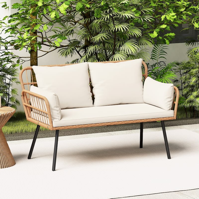 Gymax Patio Wicker Loveseat Furniture w/Seat Back Cushions Heavy-Duty