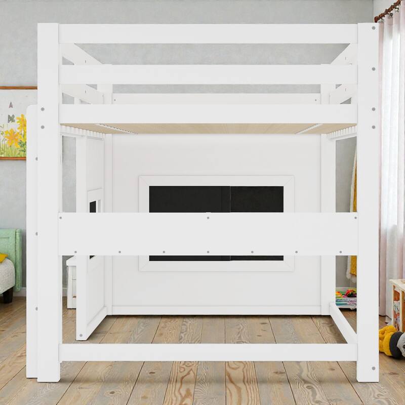 Twin/Full Loft Bed with Sliding Chalkboard, Built-in Bookshelf, Solid Wood Frame & Safety Guardrails, Kids Playhouse Bed
