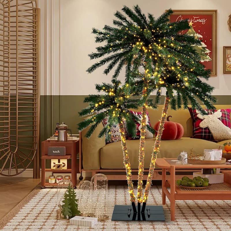 Gymax Artificial Lighted Palm Tree 6 FT Triple Coconut Plam Trees w/ - See Details