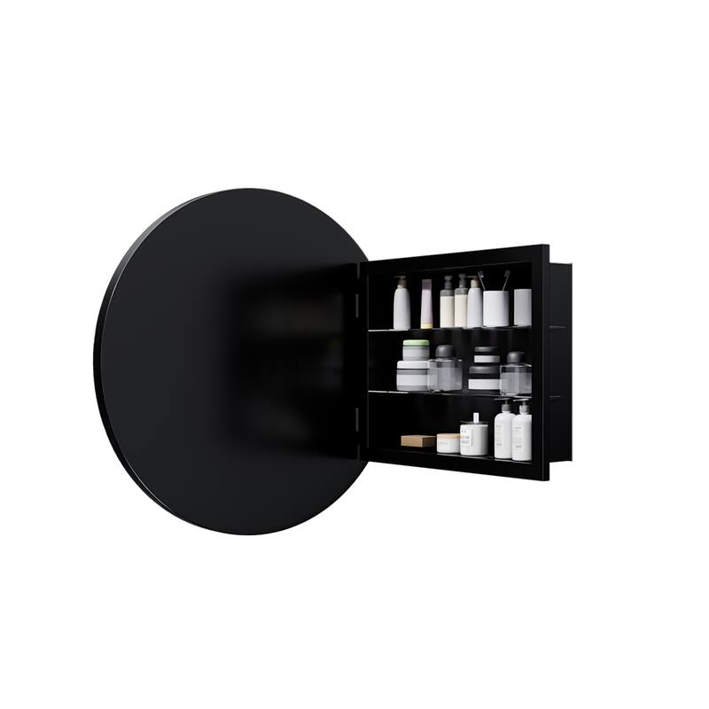 23.6 Inch Surface Mount Round Medicine Cabinet with Mirror and Adjustable Shelves Black Wall Mirror with Storage for Bathroom
