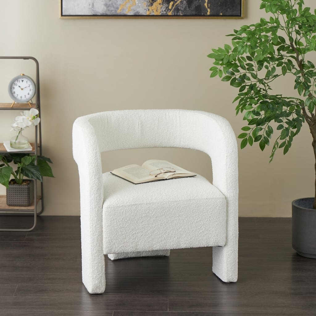 White Polyester Curved Back Mid Century Modern Round Boucle Living Room Accent Chair