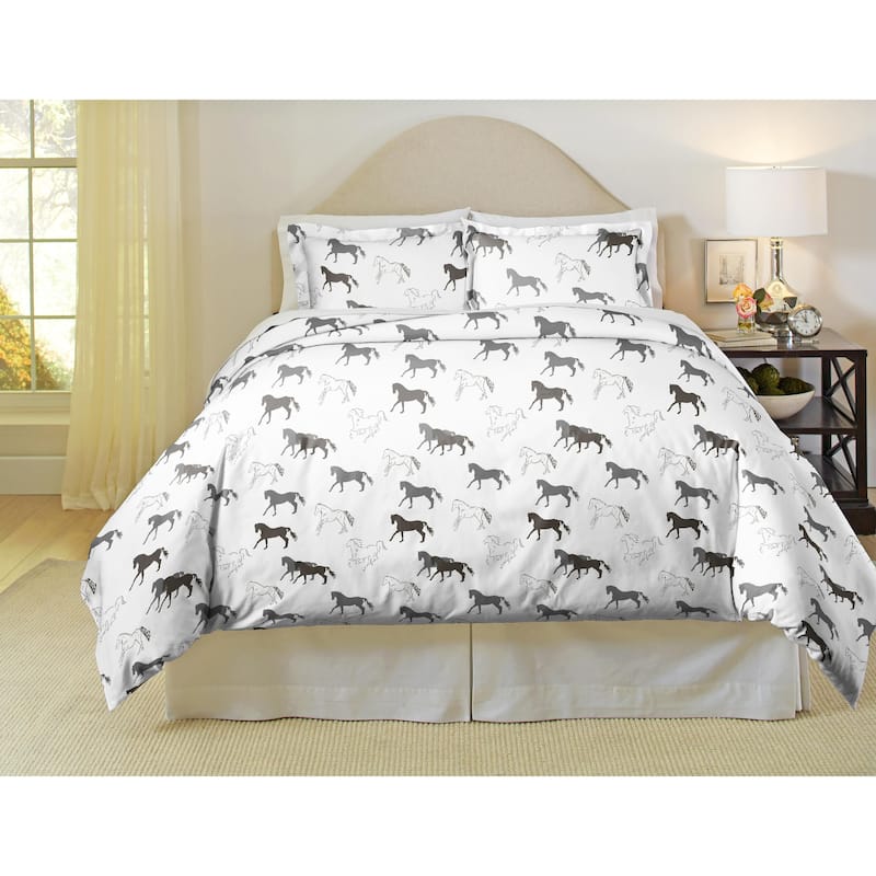 Pointehaven 180 GSM Cotton Flannel Cotton Flannel Oversized Duvet Set - Full - Queen - Stallions - Grey