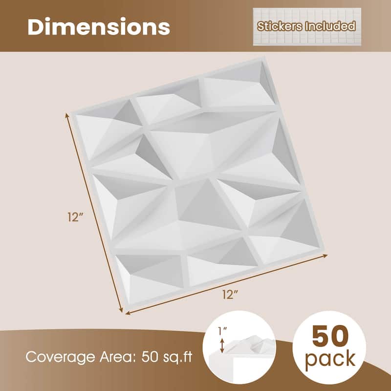 Costway 50/100 Pack 3D Wall Panels, PVC Diamond Textured Wall Tiles