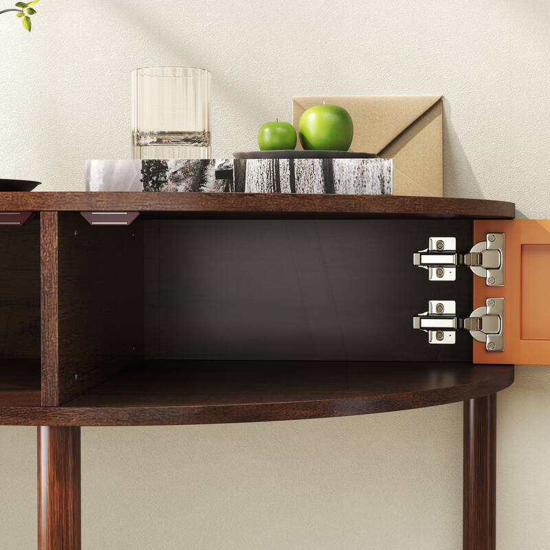 Charming Half Moon Console Table with Rattan Doors and Multiple Storage Options