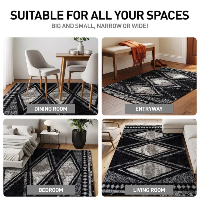 Geometric Grid Shag Rug - Anthracite Dark Gray - Medium Pile - Durable for Living Room, Bedroom, or Entryway