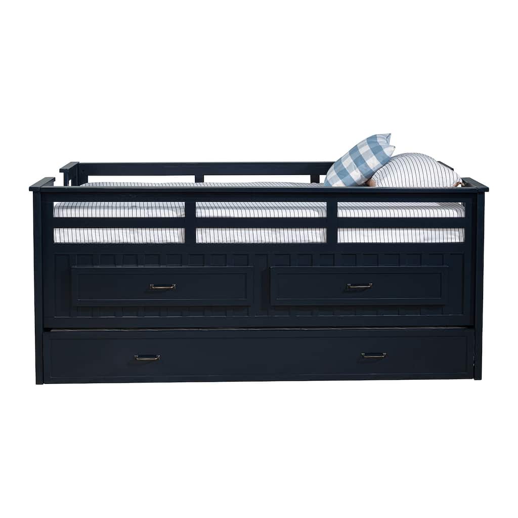 Wood Twin Captains Bed With Trundle in Navy Blue