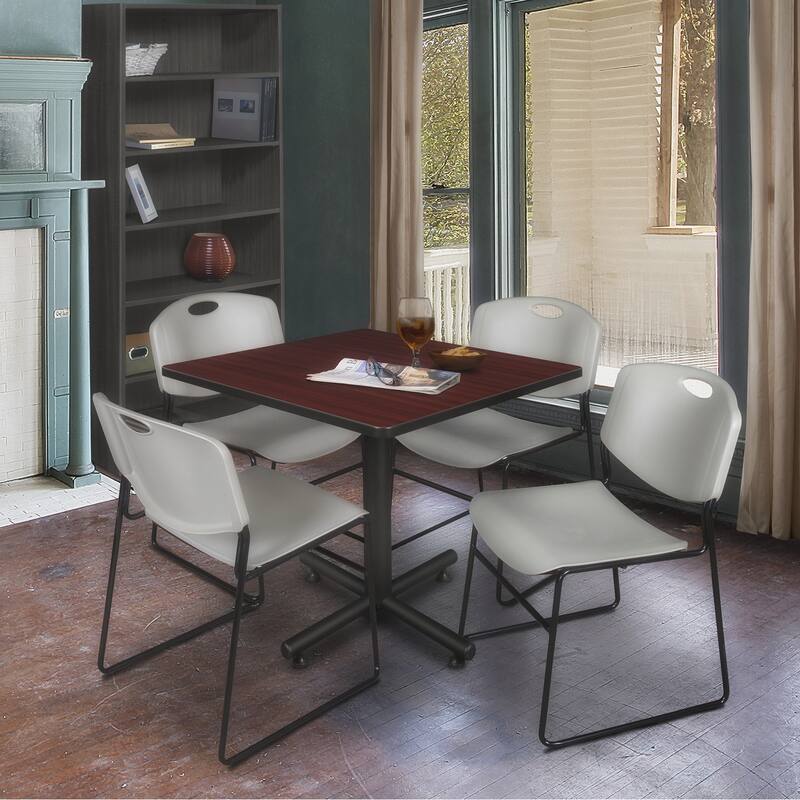 36" Square Breakroom Table- Mahogany & 4 Stack Chairs- Grey - Grey, Mahogany - 36