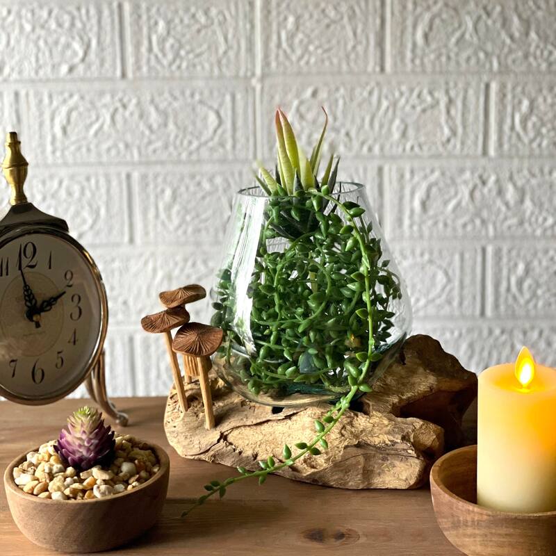 Handcrafted Glass And Teak Vase With Wood Mushroom Embellishments,