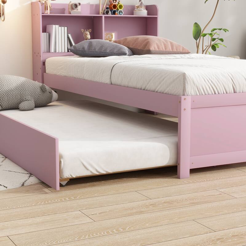Wood Platform Bed with Trundle Bed, Storage Bed with Bookcase Headboard, Captains Bed, Wood Slat Support, No Box Spring Needed