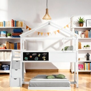 Solid Construction Twin Over Twin House Bunk Bed With Blackboard