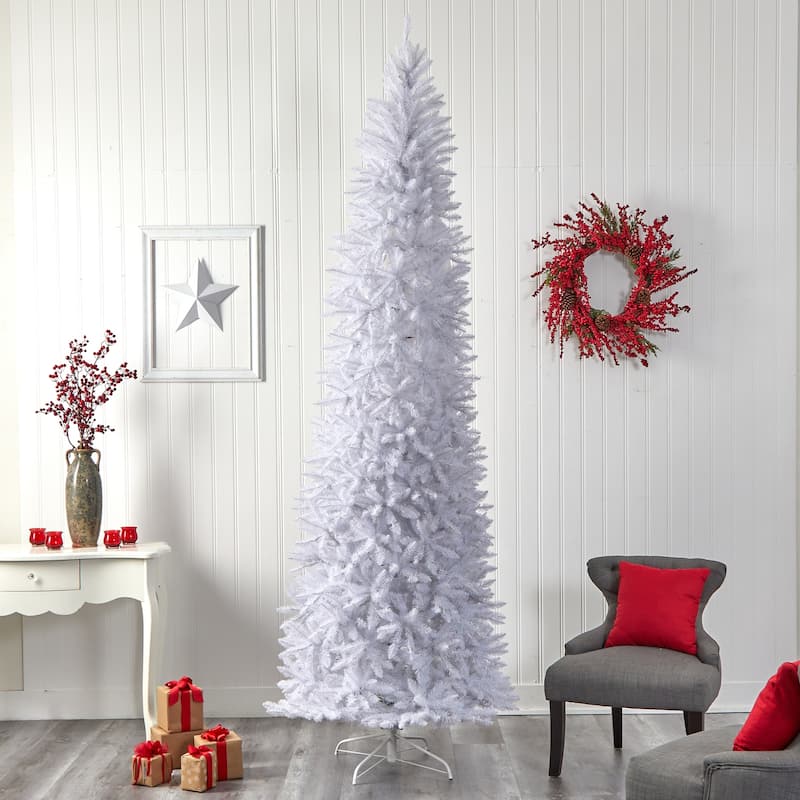 10ft White Christmas Tree Pre-Lit - Slim Artificial Tree with 800 Warm Lights & Bendable Branches - Holiday Decor - 120