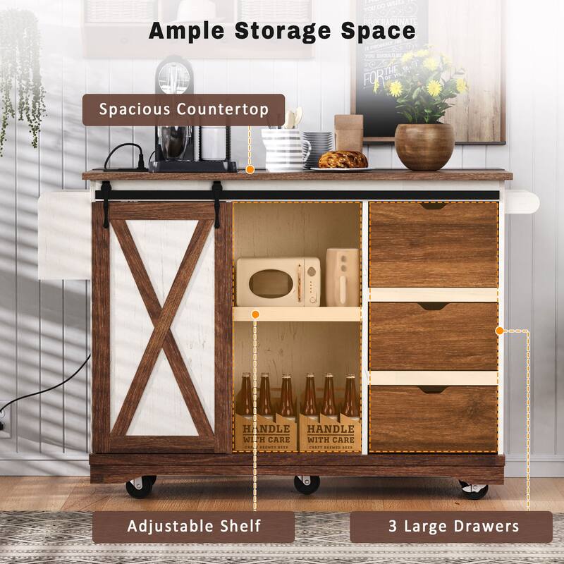 55.5" Farmhouse Kitchen Island with Drop Leaf, Rolling Kitchen Cart on Wheels with Spice Rack