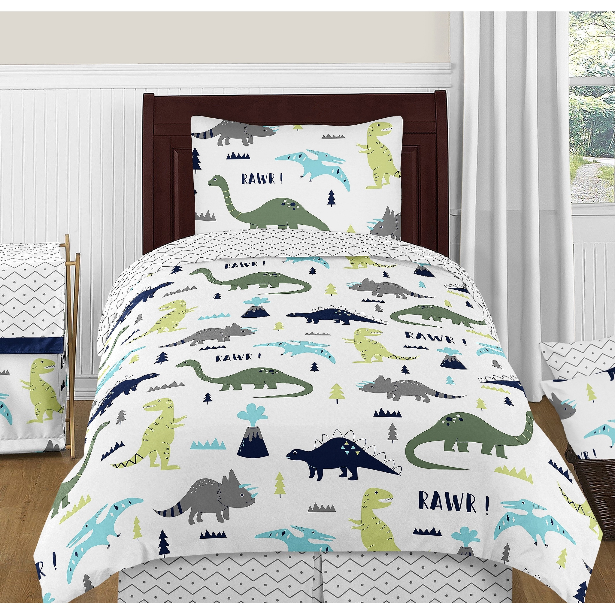2 pc Twin Size Quilt Bedspread Kids/Teens Boys Girls DinosaursWhite Blue Green Orange Baby Dinosaours Multicolor Bedding New