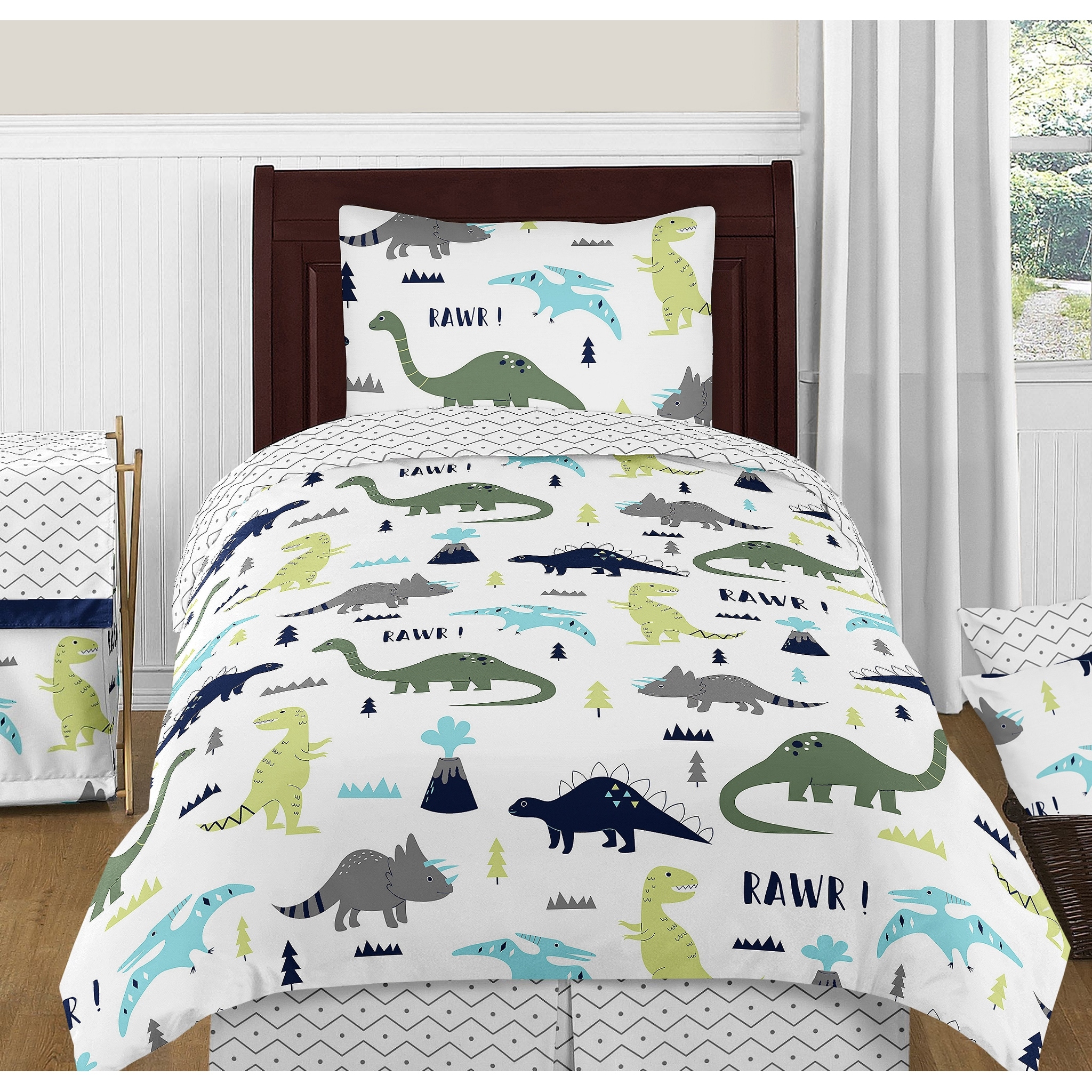 Mod Dino Collection Boy 4 piece Twin size Comforter Set Blue Green and Grey Modern Dinosaur Bed Bath Beyond 32728376