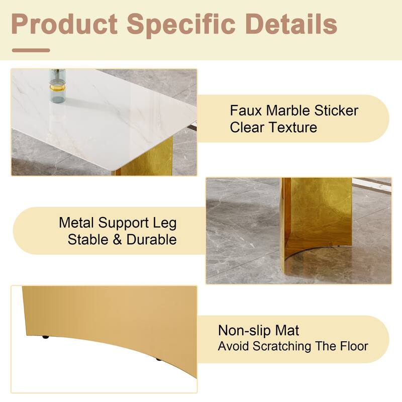 Modern minimalist dining table. White imitation marble glass sticker tabletop, golden table legs, stable and beautiful.