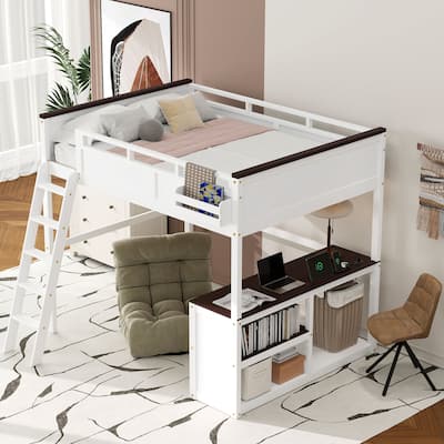 Queen Size Loft Bed with Built-in Desk, Storage Box, Open Shelves and USB Charging Station, Space-Saving Wooden Loft Bed Frame