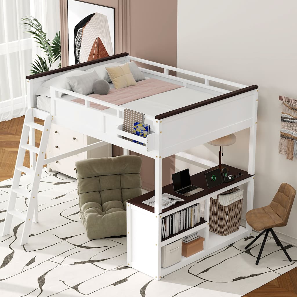 Queen Size Loft Bed with Desk, Open Shelf and Storage Box, USB Charging Station, Wooden Support Bed Frame, No Box Spring Needed