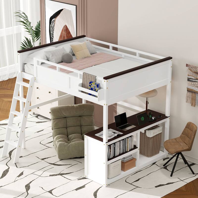 Queen Size Loft Bed with Desk,Open Shelf and a Storage Box,USB Charging Station, White