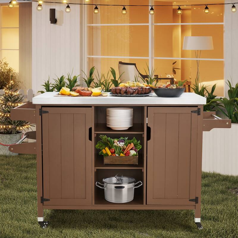 EROMMY Outdoor Kitchen Island on Wheels, Solid Cedar Wood Grill Cart with 201 Stainless Steel Top & 3‑Tier Storage - Wood Color