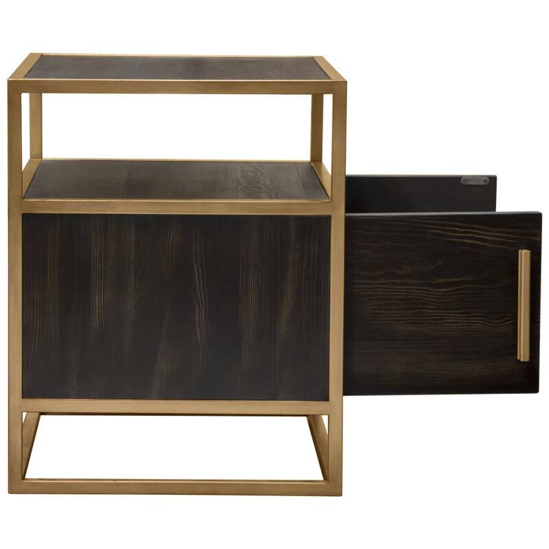 Chek 26 Inch Side Table Nightstand, 2 Doors, 1 Shelf, Dark Brown, Gold Steel