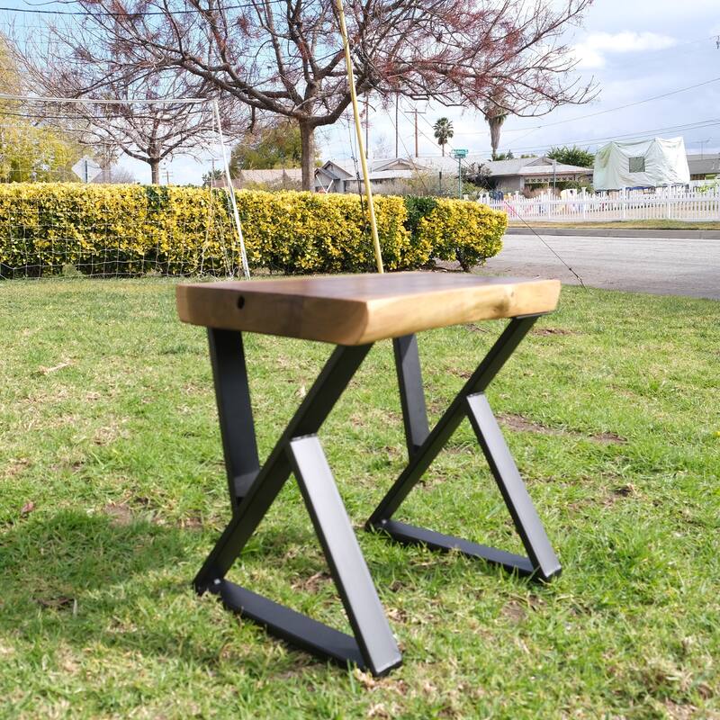 Greenage Pieced Teak Rectangle Bench Rustic Metal Seating Chair - 19.5"x13.8"x16"Z