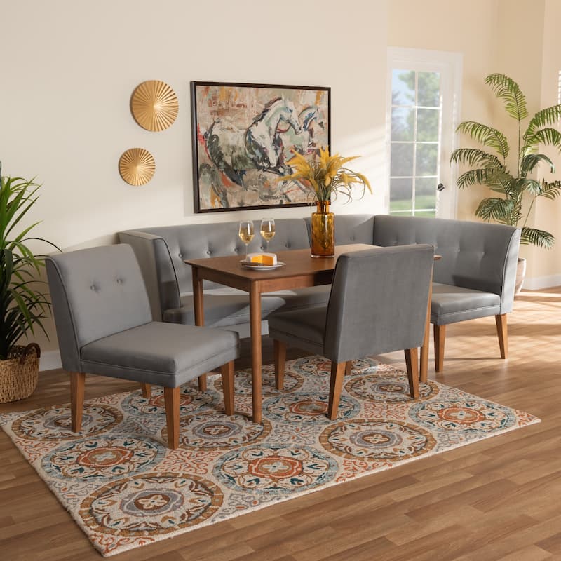 Stewart Mid-Century Grey Velvet Upholstered Wood Dining Nook Set