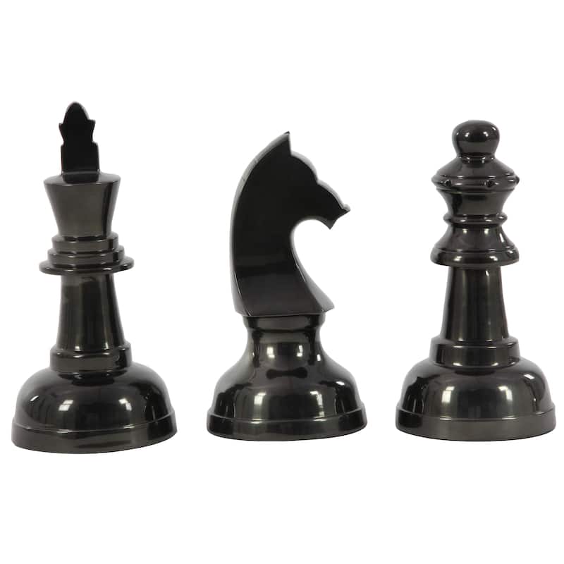 Aluminum Metal Chess Sculpture with Knight, Queen and King - Set of 3 Silver, Gold, Dark Gray - CosmoLiving by Cosmopolitan