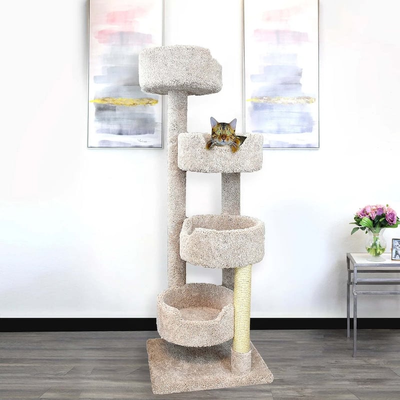 65" Tall Multi-Level Cat Stairway Tower with Four Spacious Perches and Sisal Rope Scratching Posts for Indoor Cats