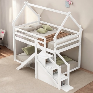 Twin over Twin House Loft Bunk Bed with Slide, Natural
