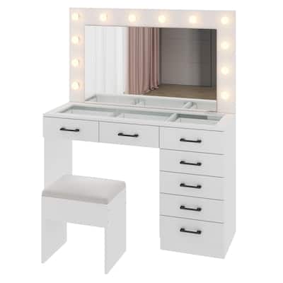 White Vanity Desk Set with LED Lighted Mirror Cushioned Stool 7 Drawers Glass Tabletop and USB Charging Station
