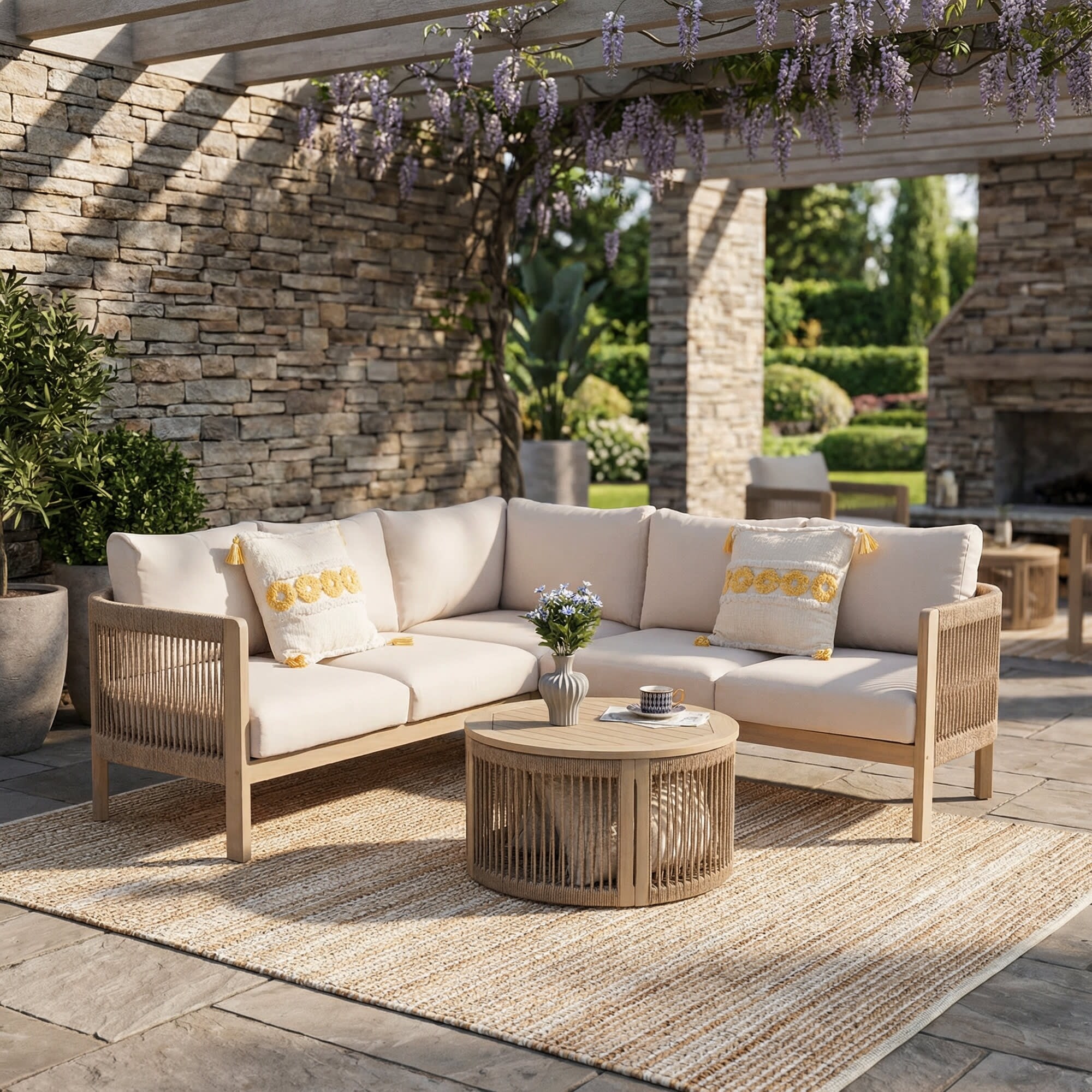 Outdoor 4-Piece Conversation Set Solid Acacia Wood L-Shaped