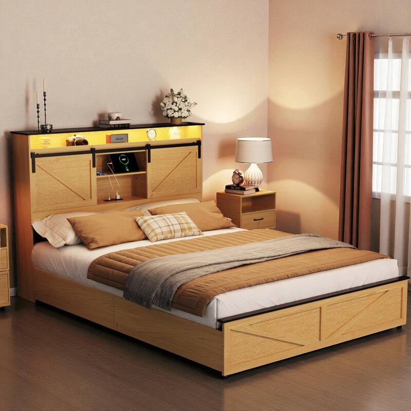 Farmhouse Full/Queen Bed Frame with Storage Headboard, Drawers, Charging Station and RGB LED Lights, MDF and Steel Platform Bed
