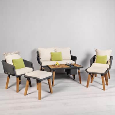 6-Piece Outdoor Wicker Sofa Set Acacia Wood Coffee Table with Ice Bucket, and Ottomans-Patio Furniture Set