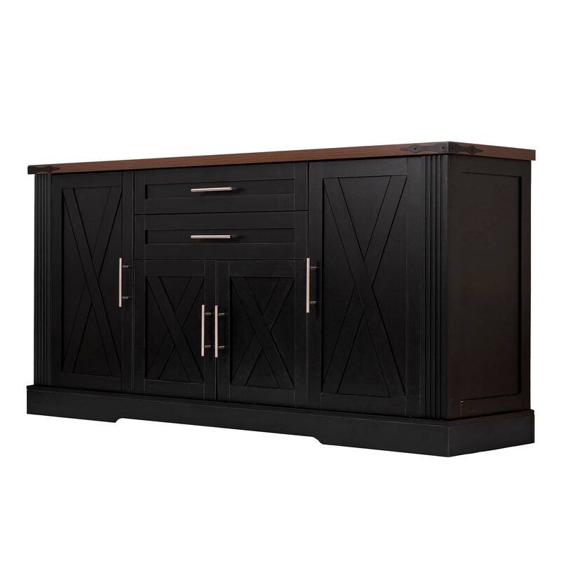 63"Barn Door Storage Cabinet with 2 Drawers & Door Rack, Large Buffet Table Coffee Bar Cabinets with Adjustable Shelves