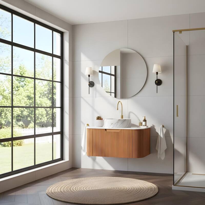 Floating Bathroom with Round Ceramic Basin and Storage Drawer