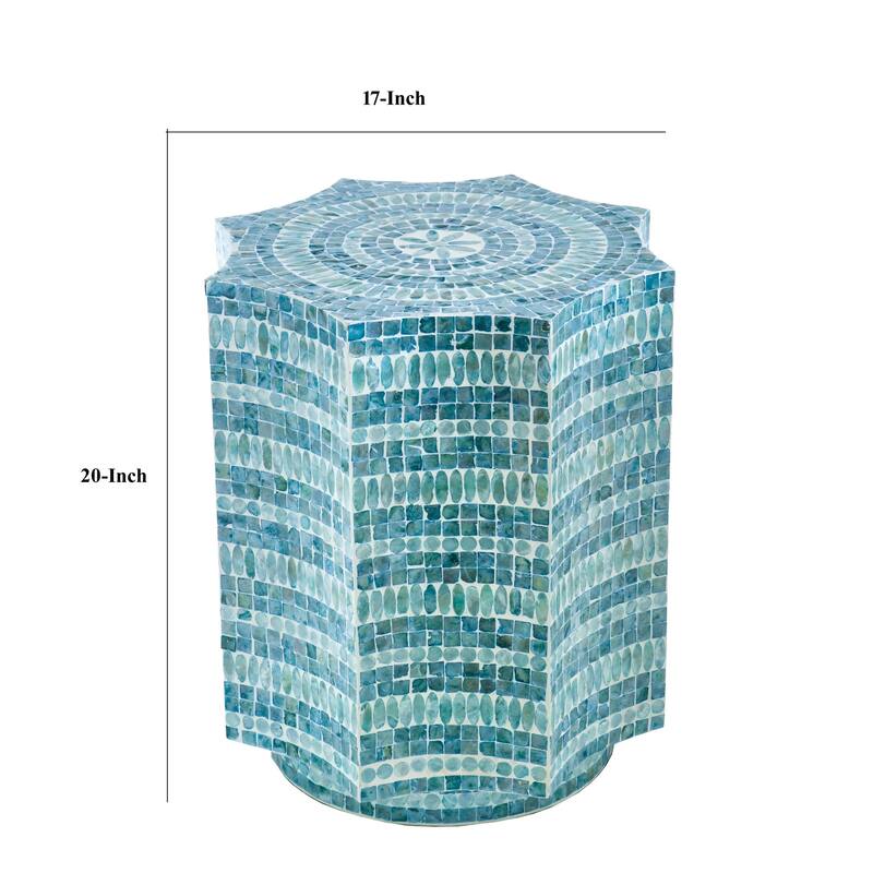 20 Inch Stool Table, Capiz Shell Inlay, Floral Geometric Design, Turquoise