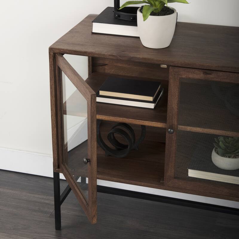 Arelius Light Brown Solid Wood w/ Black Iron Frame & 2 Glass Doors Accent Cabinet - 36.0L x 18.0W x 32.0H