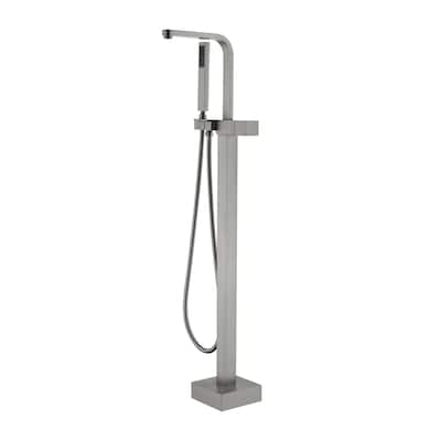 Single Handle Floor Mount Tub Faucet Brushed Nickel Modern Waterfall Freestanding Bathtub Filler with Hand Sprayer