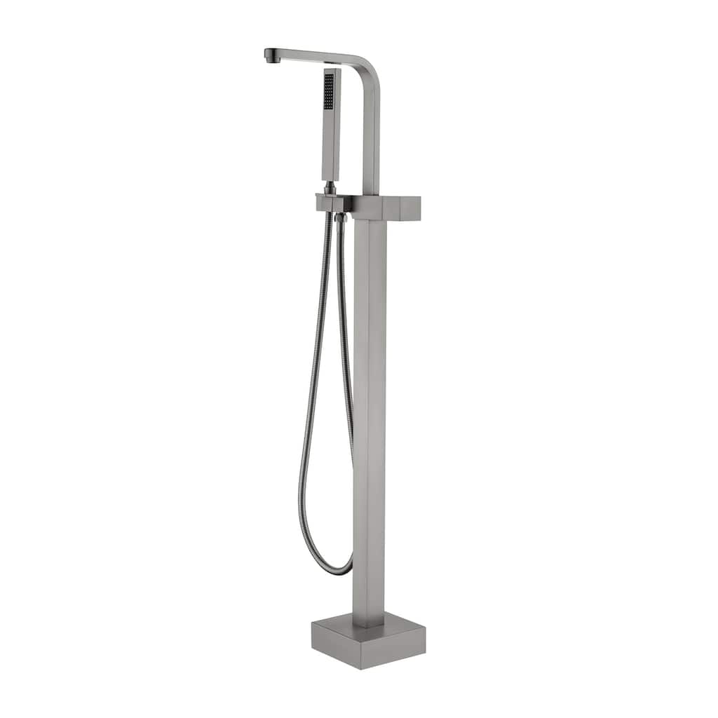 Single Handle Floor Mount Tub Faucet Brushed Nickel Modern Waterfall Freestanding Bathtub Filler with Hand Sprayer