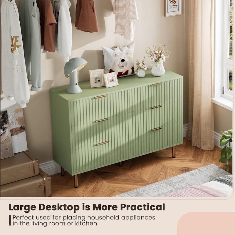 Fluted 6 Drawer Dresser, Modern Wide Chest with Deep Drawers, Wooden Storage Organizer for Living Room, Hallway
