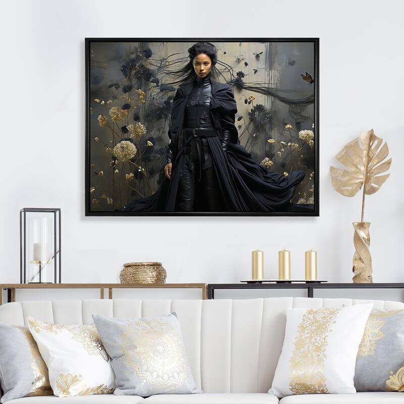 Designart "Dark Fashion Couture Woman" Fashion Black Wall Decor - Glam Bedroom Framed Canvas Wall Art - 20 in. wide x 12 in. high - Black