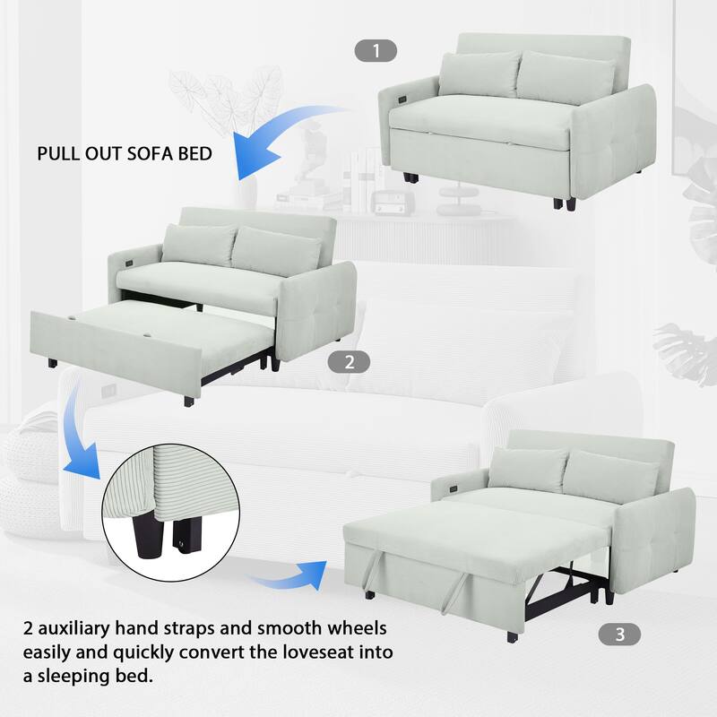 57.48" Corduroy Convertible Sofa Bed with Pull-Out Sleeper, Adjustable Backrest & USB