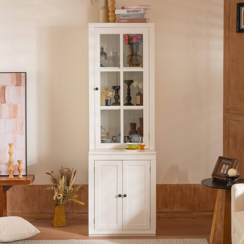 Pantry Cabinet with Glass Door & Lattice Window, Display Cabinets with Storage, Buffet with Adjustable Shelves