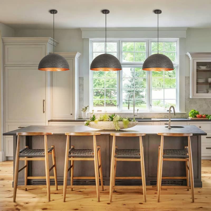 19.7" 1-Light Modern Industrial Black/Green Hand-Hammered Iron Dome Pendant Light for Dining Room