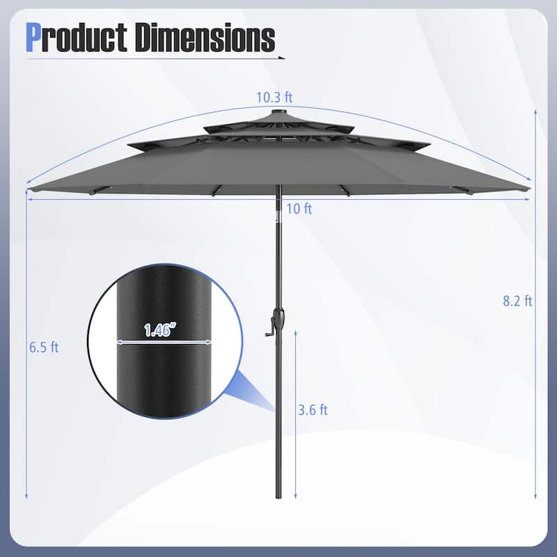 Gymax 10 FT Solar Patio Umbrella w/ 32 LED Lights 3-Tier Vented Top