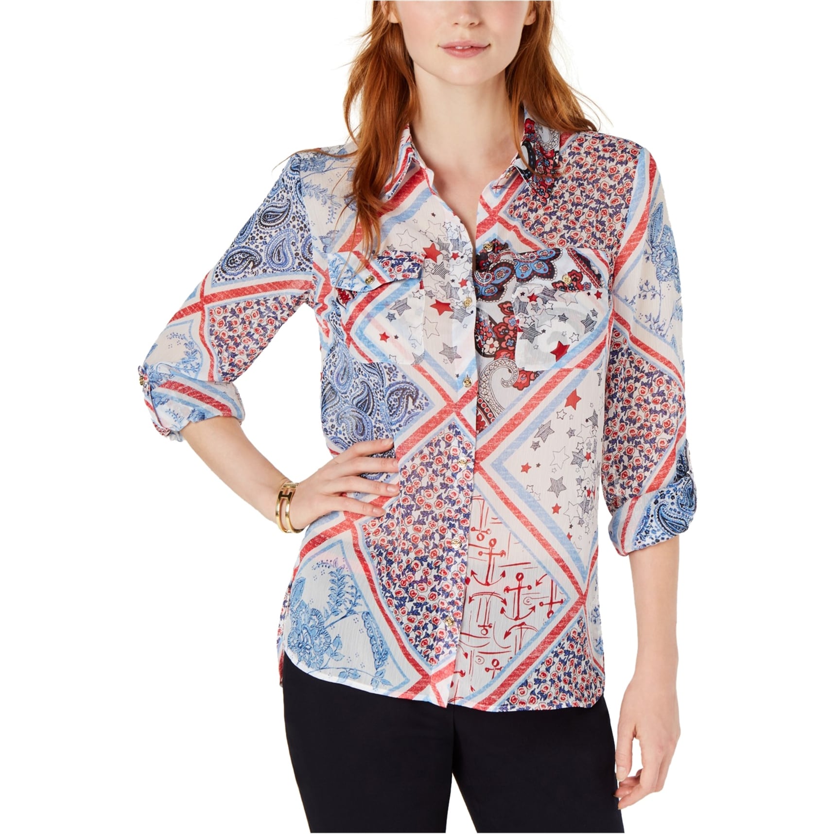Tommy Hilfiger Womens Patchwork-Print Top