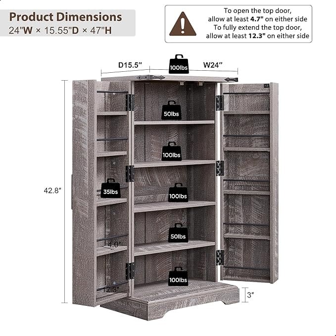47" Farmhouse Kitchen Pantry, Storage Cabinet with Barn Doors