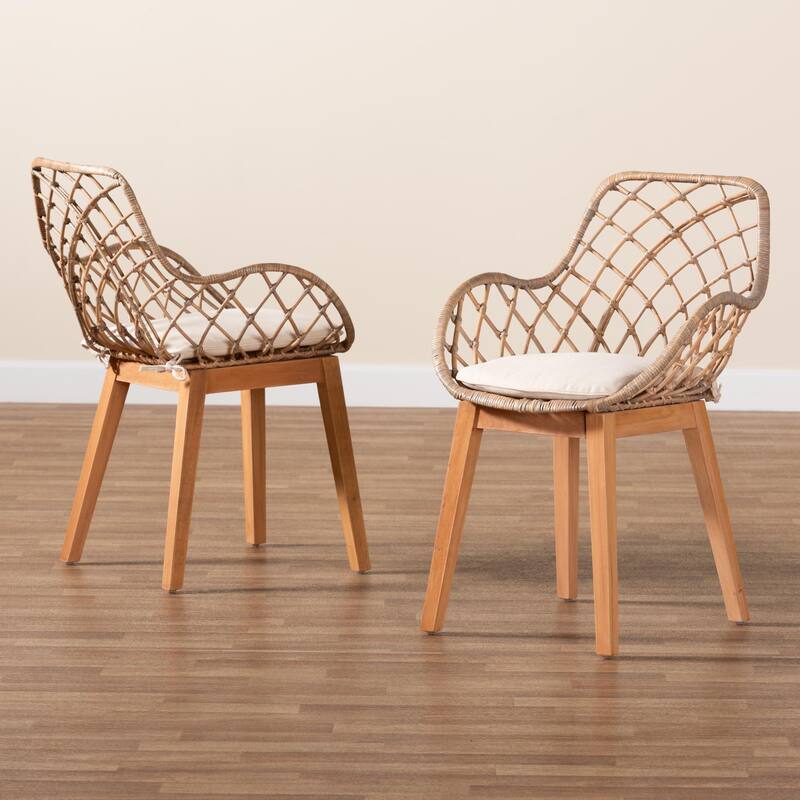 Ballerina Modern Bohemian Greywashed Rattan and Natural Brown Finished Wood 2-Piece Dining Chair Set