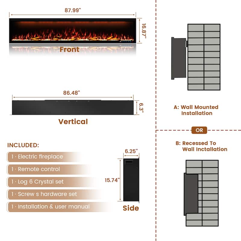 Clihome 42-88 INCH Recessed Wall-Mounted Intelligent Control Electric Fireplace